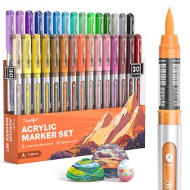 JusArt Acrylic Paint Markers Brush Tip 30 Colors for School Art, Water-Based No-Bleed Markers with Automatic Ink Control, Waterproof Acrylic Paint Pens for Rock, Egg, Wood, Fabric, Glass, DIY Crafts