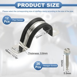 PATIKIL 12Pcs Pipe Clamps, 1-1-4 Inch 304 Stainless Steel Rubber Cushioned U Bracket Conduit Clamps Pipe Strap Wire Clips with Hexagonal Screw for Tube Hose Cord Installation, 32mm