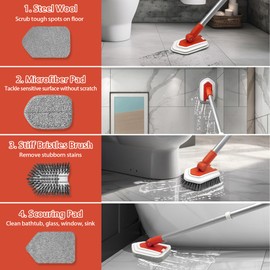 JEHONN Tub Tile Shower Scrubber Brush with Telescopic 51 inches Long Handle, 4 Different Cleaning Heads for Bathroom Bathtub Sink Floor Wall Baseboard (Red)