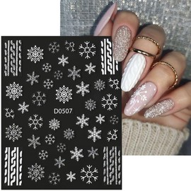Glitter Snowflakes Nail Art Stickers -3D Snow Nail Stickers Self-Adhesive Decals Silver Glitter Snowflake Elk Christmas Trees Shiny Winter Light Luxury Flash Nail Design Decal New Year Xmas Manicure