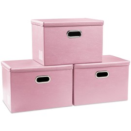 PRANDOM Large Stackable Storage Bins with Lids [3-Pack] Leather Fabric Foldable Storage Boxes Organizer Containers Baskets Cube with Cover for Bedroom Closet Office Nursery Pink (17.7x11.8x11.8)