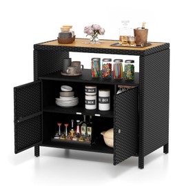Tangkula Rattan Storage Cabinet, Outdoor Patiojoy Buffet Cabinet with Acacia Wood Countertop, Open Compartment & Enclosed Cabinet, 2-Door Wicker Sideboard, Storage Organizer for Poolside (Black)