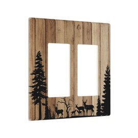 Rustic Deer Forest Pine Tree Brown Wood 2 Gang Double GFCI Rocker/Decorator Light Switch Cover Plate Decorative Wall Plate Electrical Faceplate Switchplate for Home Bedroom Decor 4.6 * 4.5 Inch