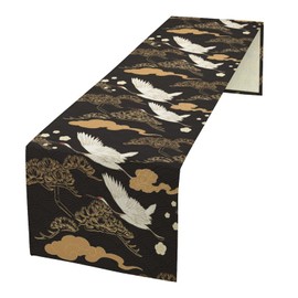 Japanese Crane Table Runner, Traditional Vintage Black Gold Pine Tree Crane Bird Asian Print Table Runner for Wedding Dining Table Holiday Party Kitchen Home Decoration, 13x70inch