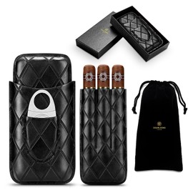 Cigar Case for 3 Cigars, Leather Cigar Travel Case with Stainless Steel Cigar Cutter, Portable Cigar Humidors with Velvet Bag and Gift Box, Black