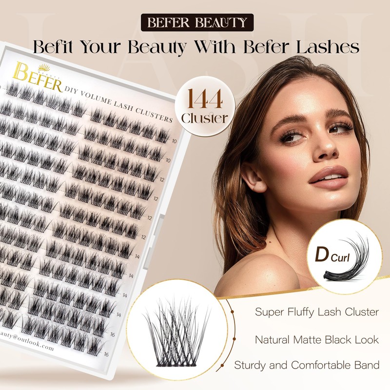 BEFER Lash Clusters, 144 Pcs 3D Curl Eyelash Clusters Volume