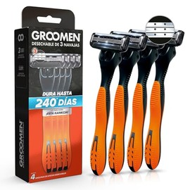 GROOMEN 300 - Rastrillo desechable de 3 cuchillas con nanotecnología cerámica, doble banda lubricante, carbón activado, aloe vera y vitamina E, caja con 4 piezas