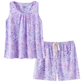 CHUNG Women's Cotton Pajama Set Cute Patterned Tank Top Sleeveless T Shorts Sleepwear Summer Plus Size loungewear,Purple Star,2XL