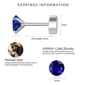 VYYU Silver Earrings for Women Girls, Titanium Earrings with Screwback Flat Back, Beautiful Cartilage Helix Earrings | Hypoallergenic Earrings, Jewellery Christmas Birthday Gifts, Sapphire Blue