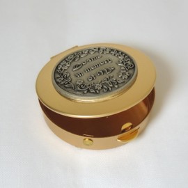 Abbey + CA Gift Communion Pyx Box with Chalice Lid Decal, Polished Brass Catholic Host Holder, 2 ⅛”, Holds 12-15 hosts
