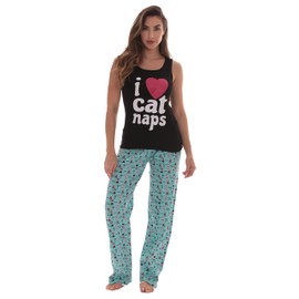 Just Love 100% Cotton Women Pajama Ribbed Tank & Jersey Pant Sets, Black - I Love Cat Naps, Medium