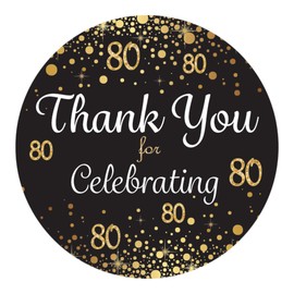 Black and Gold 80th Birthday Party Thank You Stickers - 1.75 in - 40 Labels