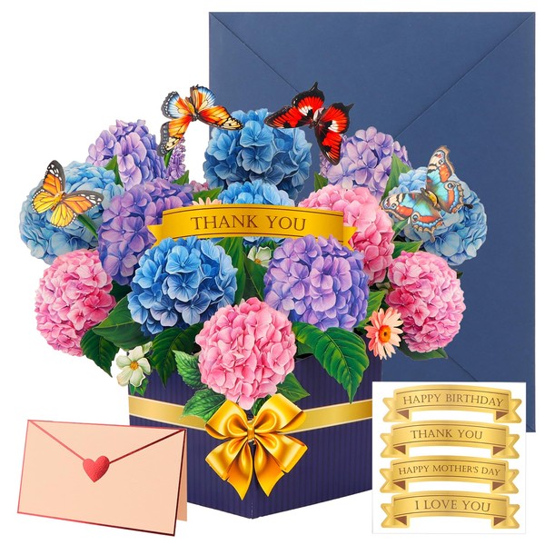 MOTIBACK Pop Up Cards, Hydrangeas Forever Flower Bouquet 3D Popup