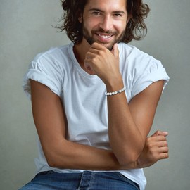 day.berlin Premium Men's Pearl Bracelet with Real 8 mm Gemstones, Natural Stone Bracelet 19 cm Long with Flexible Drawstring, Handmade for Men with 316L Stainless Steel Pearl, Stainless Steel