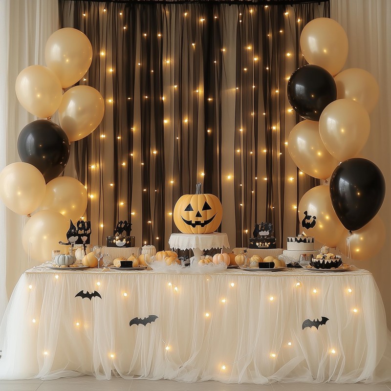 Fomcet Black Tulle Backdrop Curtains with Lights String 10FT X