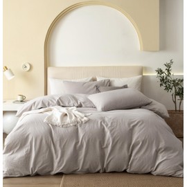 JIYUAN 100% Washed Cotton Duvet Cover Set 3 Pieces Queen, 1 Duvet Cover 90x90 Inches(Comforter Not Included) and 2 Pillowcases,Linen Feel Bedding Set Comfy and Breathable, Heathered Cream Grey