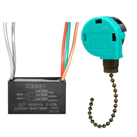 YukiHalu Ceiling Fan Pull Chain Switch 3 Speed 4 Wire, Ceiling Fan Capacitor CBB61 4uf + 4uf + 2.5uf 5 Wires 250V, Light Switch for Fan and Light (ZE-268S6 Antique, 4+4+2.5uF)