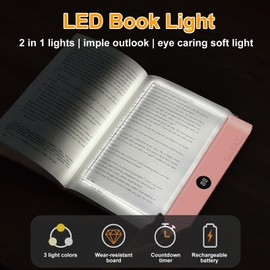 Book Light, Rechargeable Reading Lights for Books in Bed - Eye Caring 3 Color Temperatures, Stepless Dimming Brightness, Timer, Long Lasting, Portable Flat Book Light for Book Lovers (Pink)