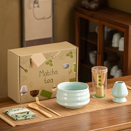 YVISKPQF Matcha Kit Profesional 7 Pcs,Matcha ceremonial kit con whisk,ktazón de cerámica y estera de té,con caja de color para amantes del té (Verde)