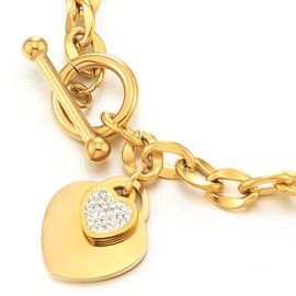 Ladies Steel Gold Color Link Chain Bracelet with Dangling Heart of Cubic Zirconia, Toggle Clasp
