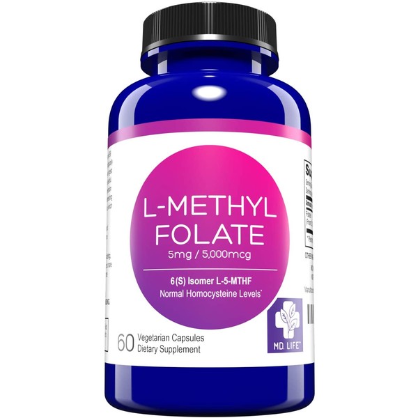 MD. Life L-Methylfolate 5 mg Active Folate 5 Mthfr Support Supplement Professional Strength Methyl Folate - Essential Amino Acids & Brain Supplement- Vegan 60 Purple Carrot Capsules