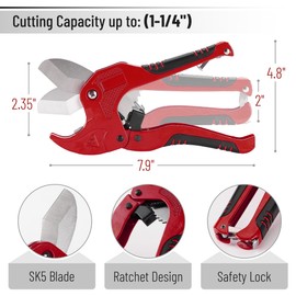 Bates- PVC Pipe Cutter, Cuts up to 1-1/4", Red Ratcheting PVC Pipe Cutter Tool, Pipe Cutters PVC Pipe Shears, Plastic Pipe Cutter, PEX Pipe Cutter, PVC Cutter Tool, PVC Ratchet Cutter