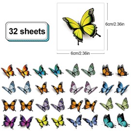 32pcs Butterfly Tattoos for Women, 3D Colorful Body Art Temporary Tattoos, Waterproof Fake Tattoo Stickers, Kids Butterfly Party Favors