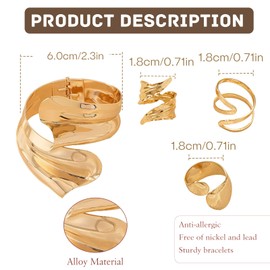 GUSXPPD Cuff Bangle Bracelets for Women, Gold Bangles Chunky, Open Adjustable Bracelet and Ring, Women's Cuff Jewellery Sets For Women Teen Girls (Gold B)