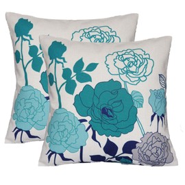 sykting Farmhouse Outdoor Throw Pillow Covers Cotton Canvas Teal and Turquoise Pillow Covers 20x20 inch Decorative for Couch Sofa Patio Porch Flowers Pattern Pack of 2