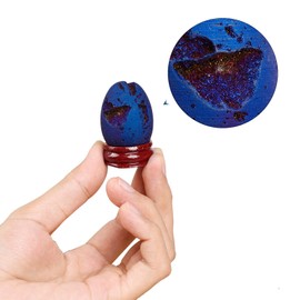 dssmboom Titanium Coated Druzy Agate Crystal Egg Specimen with Wooden Base, Healing Stone Egg Shape Geode Figurine for Home Decoration, Deep Blue