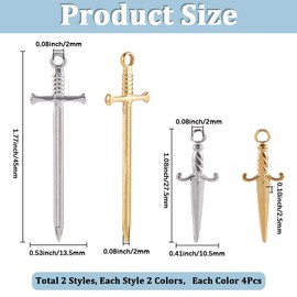 SUNNYCLUE 1 Box 16Pcs 4 Styles Real 18K Gold Plated Sword Charms Bulk Small Dagger Charms Silver Stainless Steel Knife Weapon Dangle Pendants for Jewelry Making Supplies Bookmarks Necklace Crafts DIY