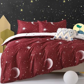 Duvet Cover Set Double Galaxy Moon Star Bedding Set For Boys Girls, Reversible Ultra Soft Duvet Cover (3Pcs, Red)