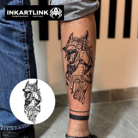 INKARTLINK Tattoo Tech, 2 Sheets Large Semi Permanent Tattoo, Adult Art Design Temporary Tattoos, Lasts 1-2 Weeks, Waterproof, Realistic Look, No Reflection (Wolf Sword)