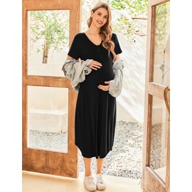 Ekouaer Nursing Nightgown Long Delivery Gown Button Up Breastfeeding Maternity Pregnancy Pajamas Dress Black Small