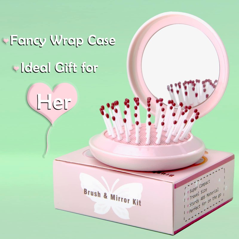 Trikeel Mini Folding Hair Brush with Mirror, Compact Pop up