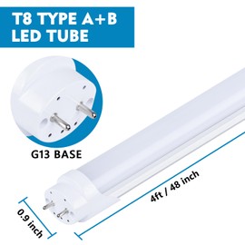 25 Pack, 4FT LED T8 Type A+B Tube Lights, 30W(80W Equivalent), 4000LM, 6000K, Frosted Cover, Single or Double End Powered, Ballast Bypass, 4 Foot T10 T12 Fluorescent Bulbs Replacement