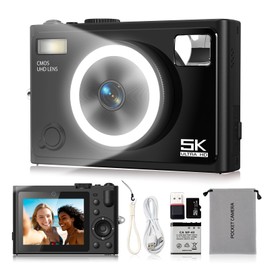 Digital Camera, 5K 72MP Autofocus Beauty Camera with 360° Ring Light Smart Skin Recognition, 32GB SD Card That Makes Dark Light Shooting Worry-Free, Point and Shoot Camera for Teens Beginners Black