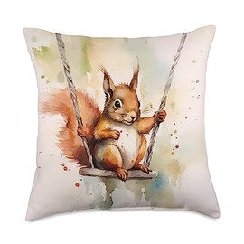 Squirrel Having Fun On Swing In Tree Play Squirrel Playing On Tree Swing Throw Pillow, 18x18, Multicolor
