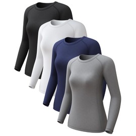 4 Pack Women's Long Sleeve Compression Shirts, Cool Dry Workout Athletic Undershirt Sun Protection Cooling Tops for Yoga Running Gym Black White Grey Blue XX-Large