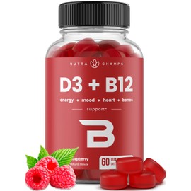 NutraChamps Vitamin D3 & B12, Methyl B12 Gummies for Adults & Kids, Enhanced with Vitamin D 3 & B9 Vitamin Folate, Natural Energy, Mood, Metabolism & Focus, Raspberry, 60 Gummies