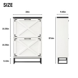 Maupvit 24" W Farmhouse Shoe Cabinet Storage for Entryway, Freestanding Organizer with 2 Flip Drawers, Narrow Shoe Rack Cabinet with Metal Corner Decoration, White