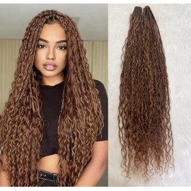 Goddess Box Braiding Crochet Hair Pre-looped Synthetic Crochet Hair with Human Hair Curly Ends Hair Extensions #30 Auburn Color for Women 18 inch 2pack/80strands