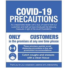 COVID 19 Precautions - Shop window sign Semi Rigid PVC sign (250x300mm)