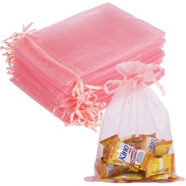 100PCS 5x7 Inches Blush Pink Organza Drawstring Bags Gift Favor Bags Mesh Jewelry Pouches Sachet Bags Wedding Party Valentine Gift Candy Bag