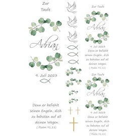 Personalisierte Kerzensticker TAUFE, KOMMUNION, KONFIRMATION, HOCHZEIT - EUKALYPTUS auf Transferfolie, Kerzen-Tatoofolie, Kerzenfolie, Wasserschiebefolie f√ºr Taufkerzen und Kommunionkerzen