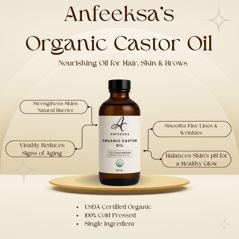 Anfeeska Organic Castor Oil, 100% Cold-Pressed, 236 ml