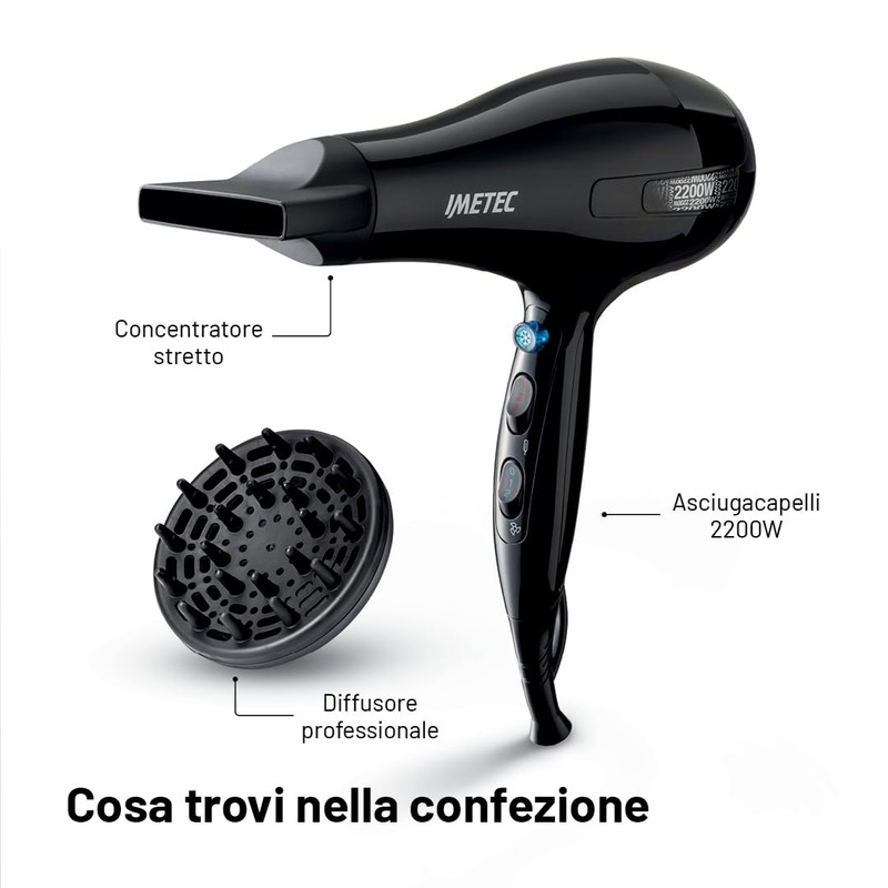 Imetec S6 2200 Asciugacapelli 2200W con Diffusore e Concentratore, Phon