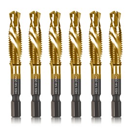 6-pc 1/4-20NC Combination Drill Tap Bit Set SAE, 1/4" UNC-20 Thread Size, Titanium Coated High-Speed Steel, Ideal for Drilling and Threading in Soft Metal Wood and Plastic, 1/4” Hex Shank