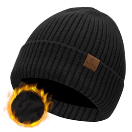 ZTL Merino Wool Beanie Hat for Men Women, Thick Warm Fleece Lined Knit Winter Hats Cuffed Beanie Stocking Hat Ski Skull Cap Black