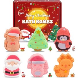 Christmas Bath Bomb, 6 Pcs Xmas Bubble Bath Bomb Set for Kids, Natural Essential Oils Fun Bubble, Women Shower Bombs for Stocking Stuffers Boys and Girls, Winter Christmas Birthday Party Favors